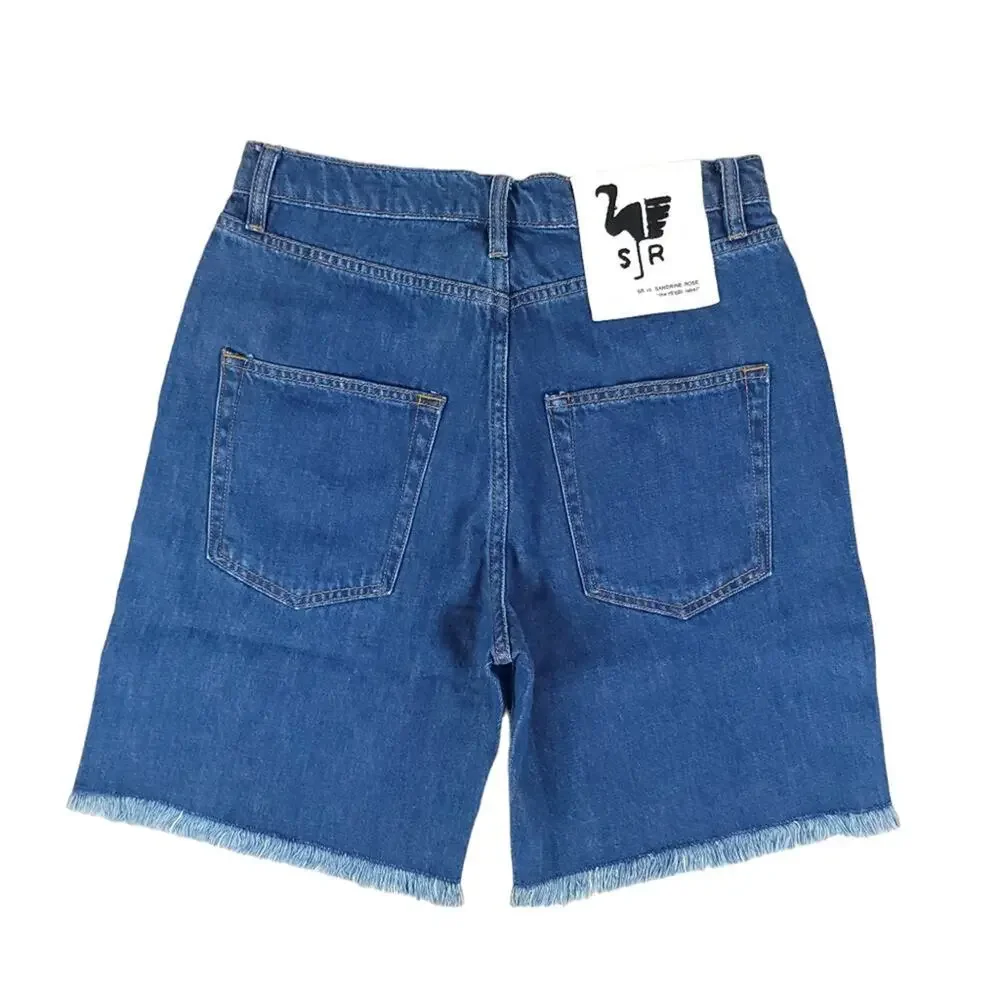 Free People x Sandrine Rose Long Fray Hem Denim Shorts Indigo Wash